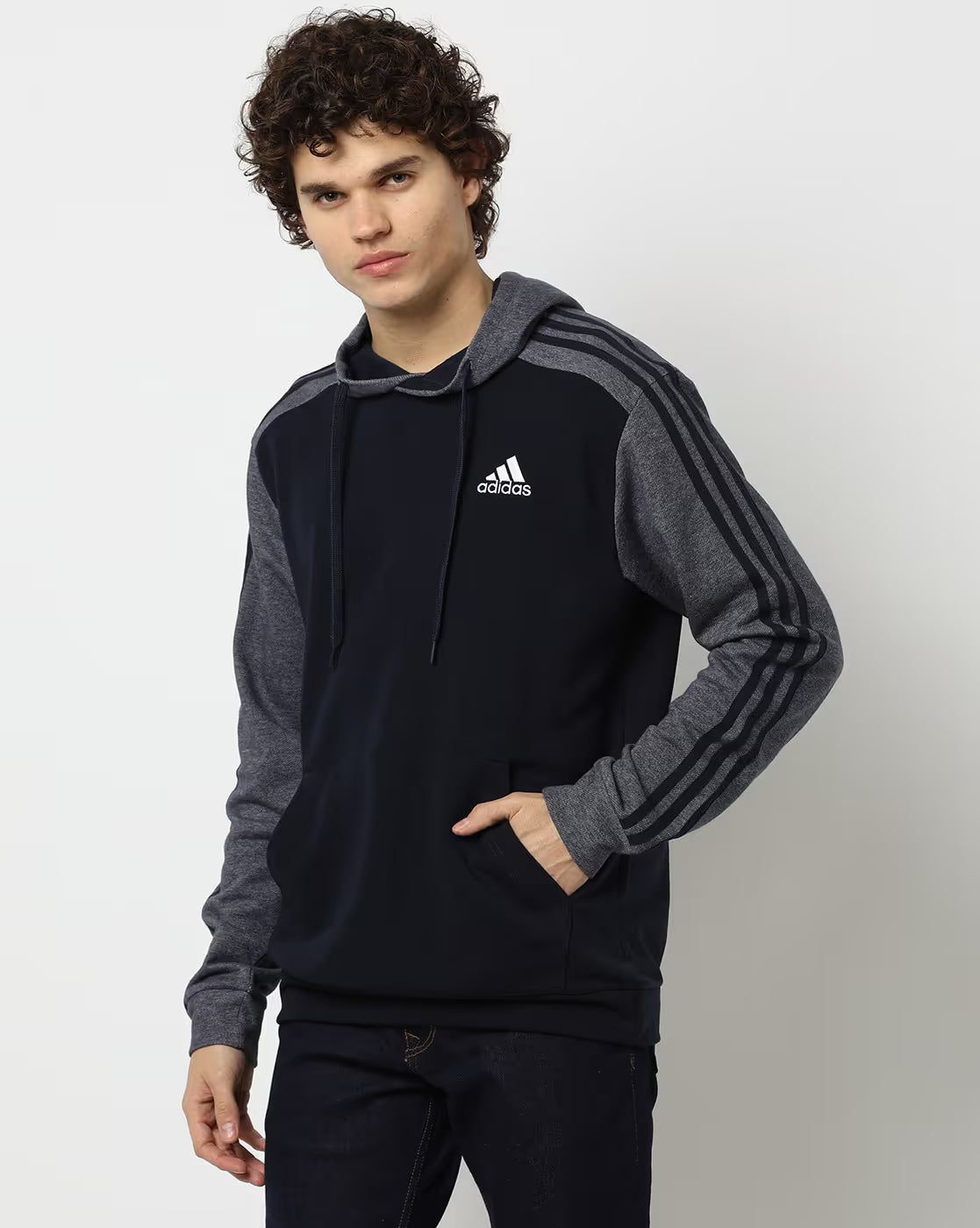 Adidas Men Hooded Full Sleeves Pullover Striped Sweatshirt