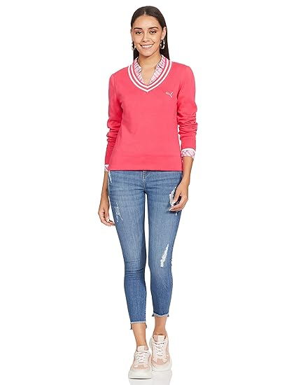 Puma Women's V-Neck Sweater in Raspberry White