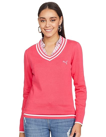 Puma Women's V-Neck Sweater in Raspberry White