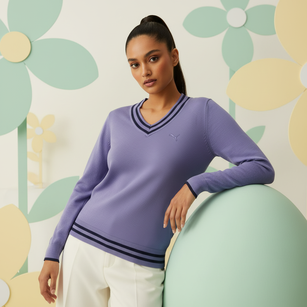 Puma Women's V-Neck Knitted Sweater in Bleached Denim