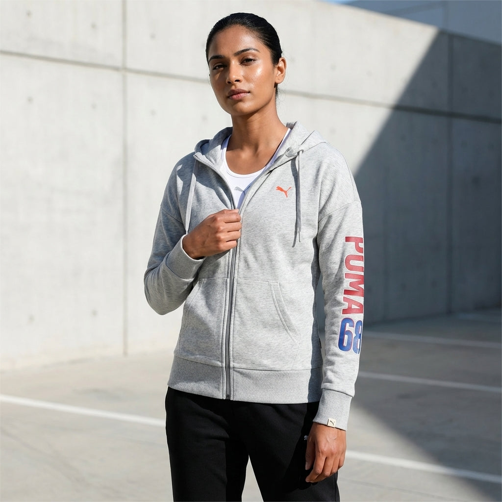 Puma Style Athletic Full Zip Hoodie Women Light Grey