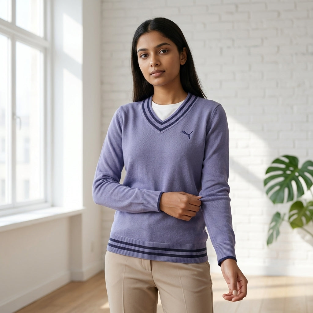 Puma Women's V-Neck Knitted Sweater in Bleached Denim