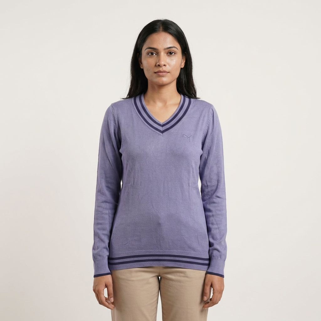Puma Women's V-Neck Knitted Sweater in Bleached Denim