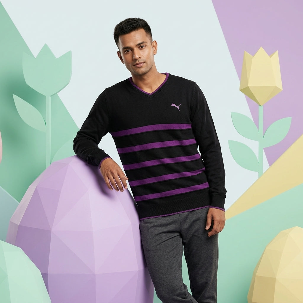 Puma Men's Long Sleeve Striped Sweater Black