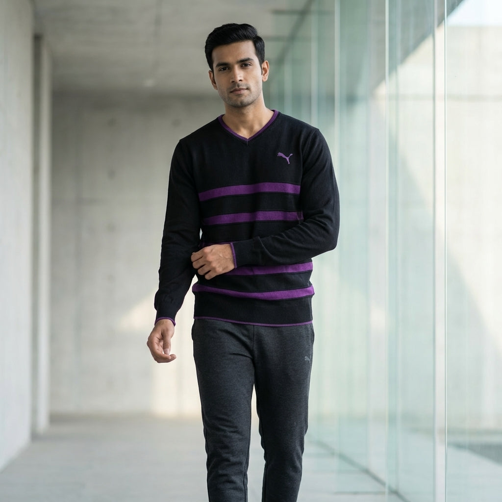 Puma Men's Long Sleeve Striped Sweater Black