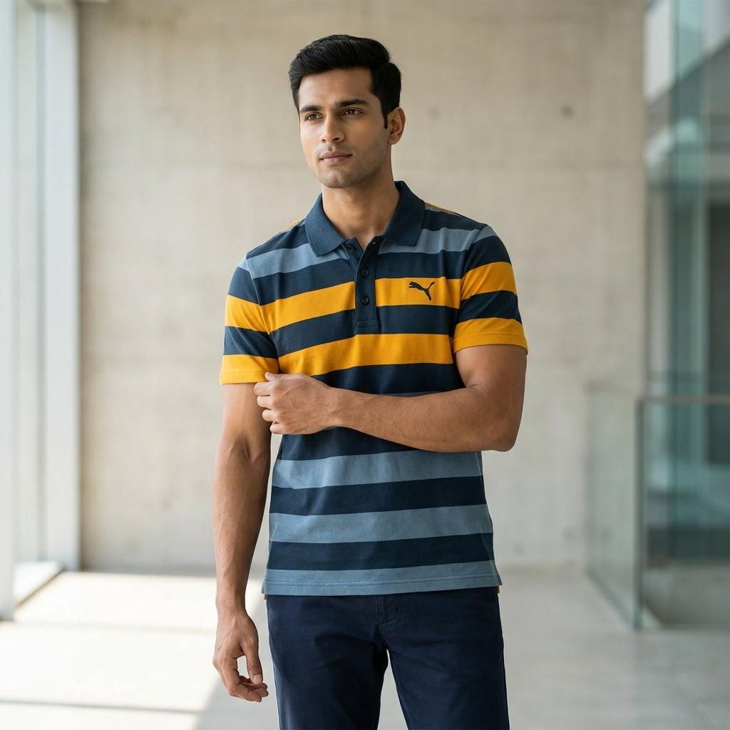 Puma Striped Pique Polo Blue Wing T